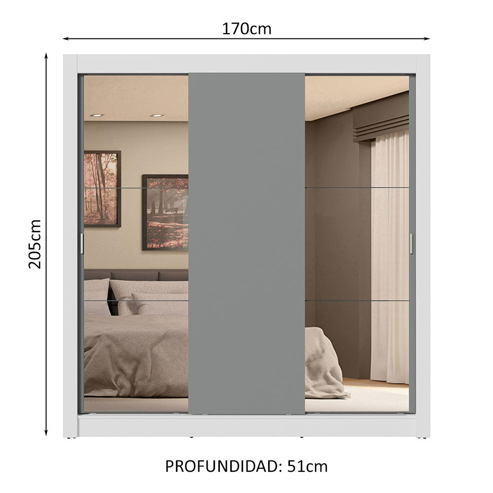 Clóset Matrimonial 3 Puertas Corredizas con Espejos 4 Cajones Blanco/Gris Sublime Plus