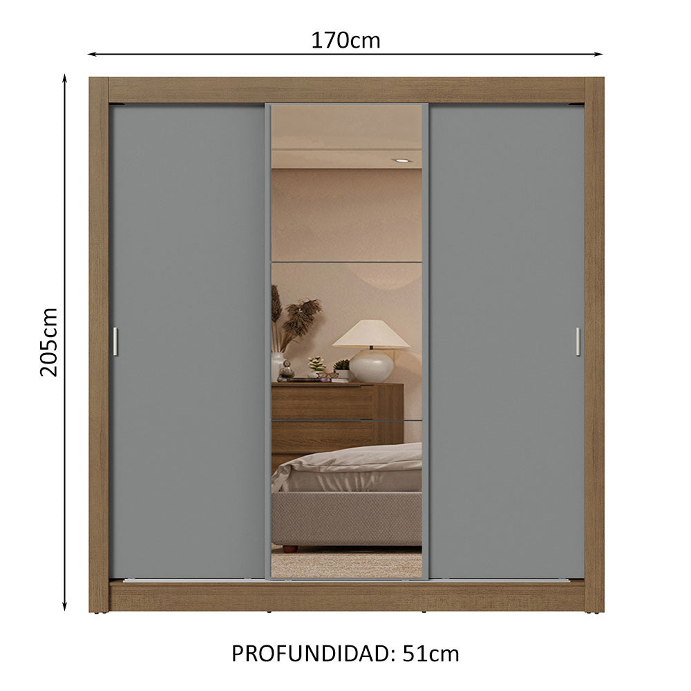 Clóset Matrimonial 3 Puertas Corredizas con Espejos 2 Cajones Marrón/Gris Sublime