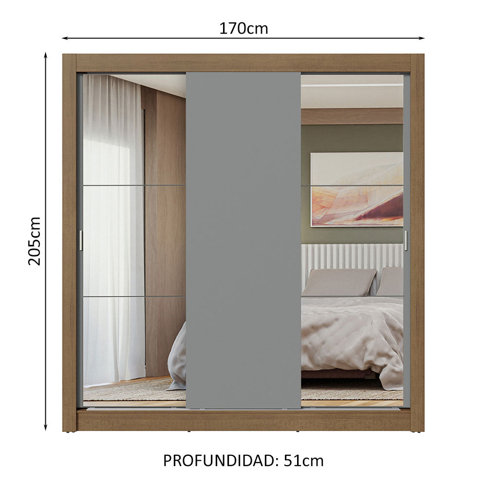Clóset Matrimonial 3 Puertas Corredizas con Espejo Marrón/Gris Nobre