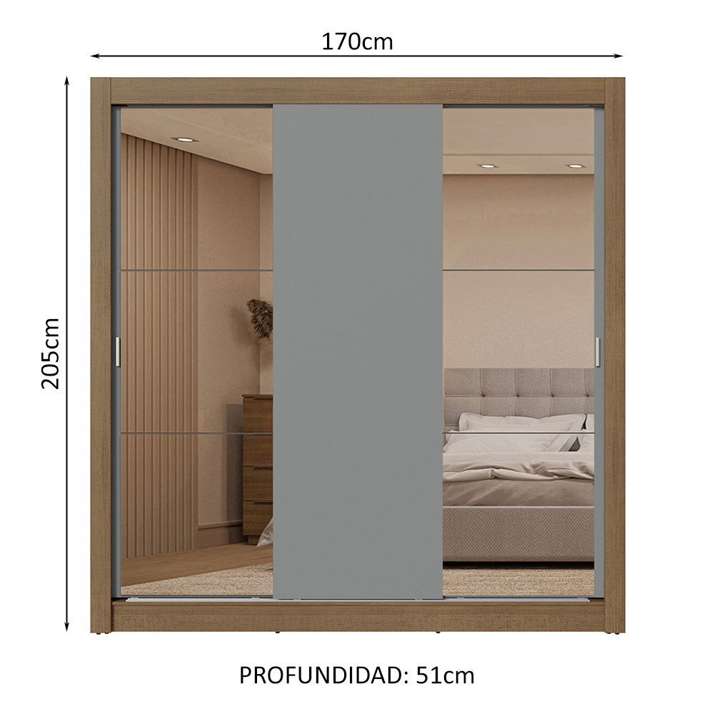 Clóset Matrimonial 3 Puertas Corredizas con Espejo 2 Cajones Marrón/Gris Sublime