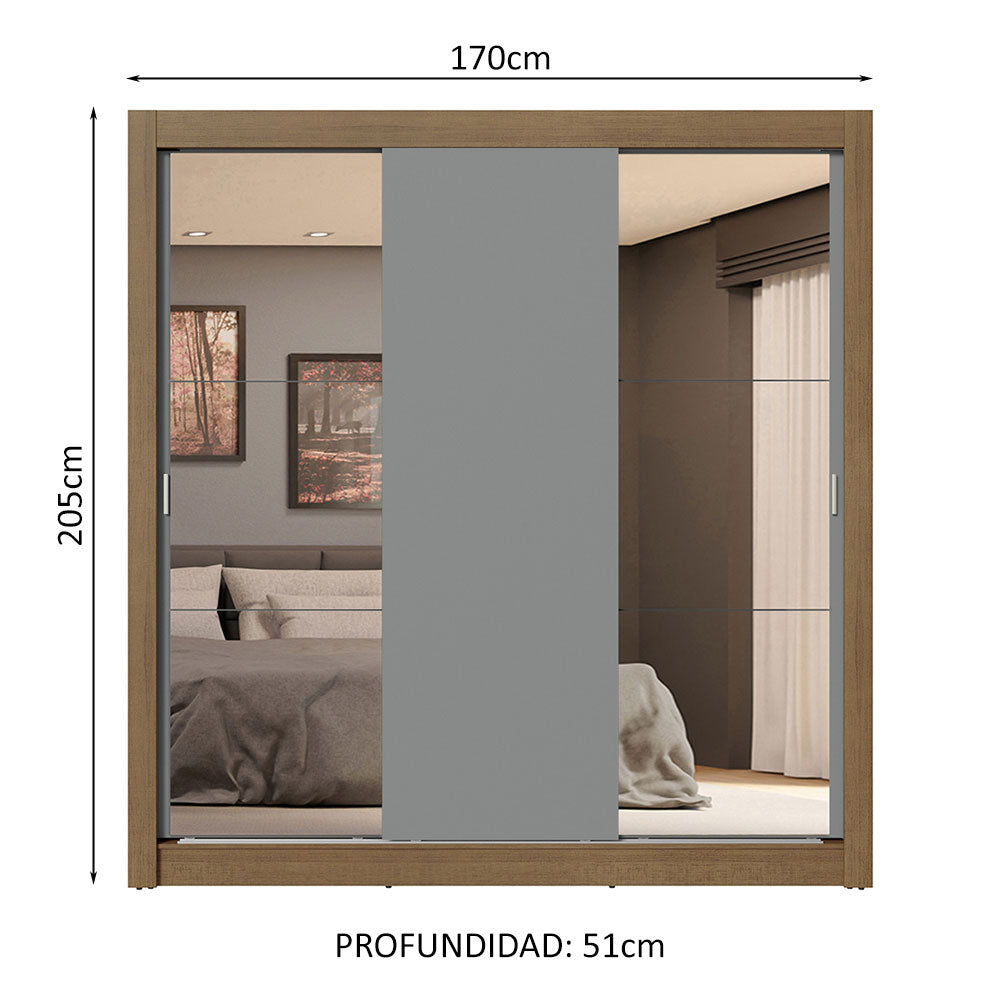 Clóset Matrimonial 3 Puertas Corredizas con Espejo 4 Cajones Marrón/Gris Sublime Plus