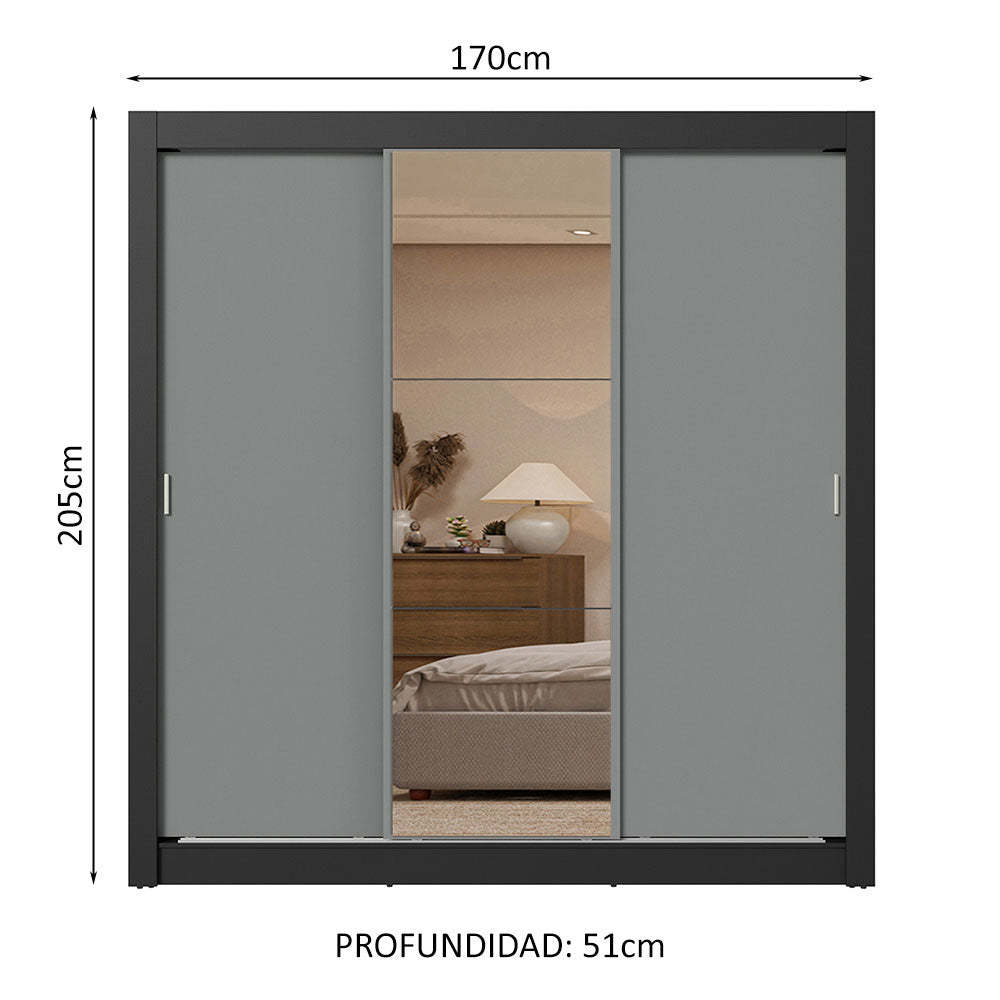 Clóset Matrimonial 3 Puertas Corredizas 2 Cajones Negro/Gris Sublime