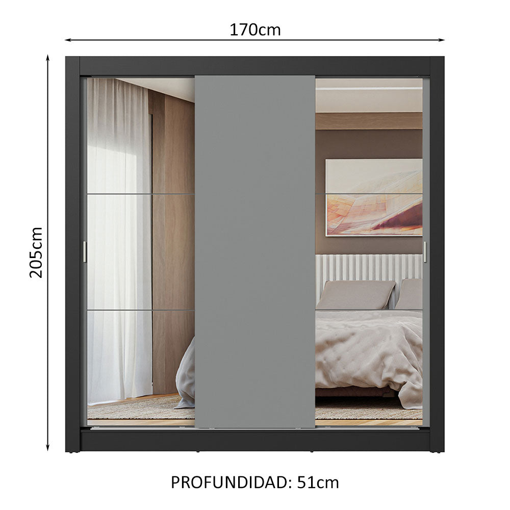 Clóset Matrimonial 3 Puertas Corredizas con Espejo Negro/Gris Nobre