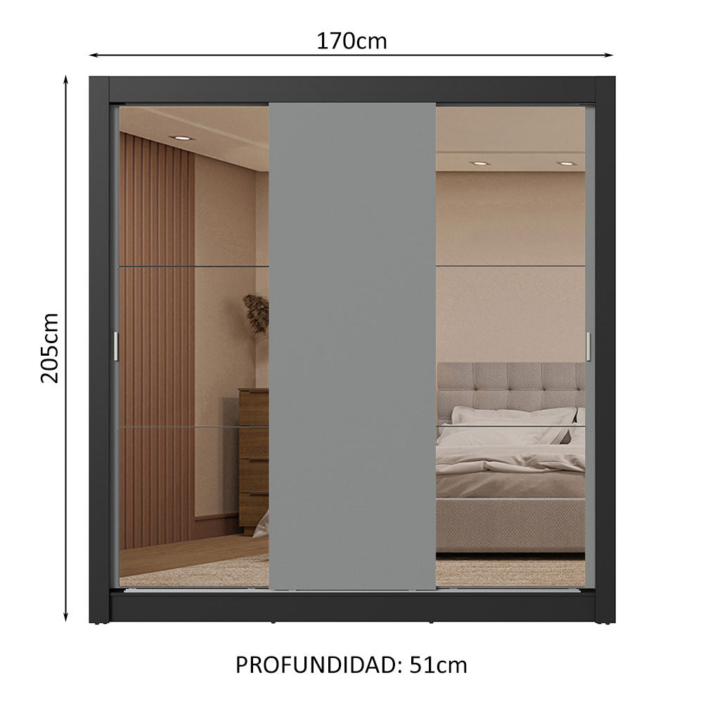 Clóset Matrimonial 3 Puertas Corredizas con Espejo 2 Cajones Negro/Gris Sublime