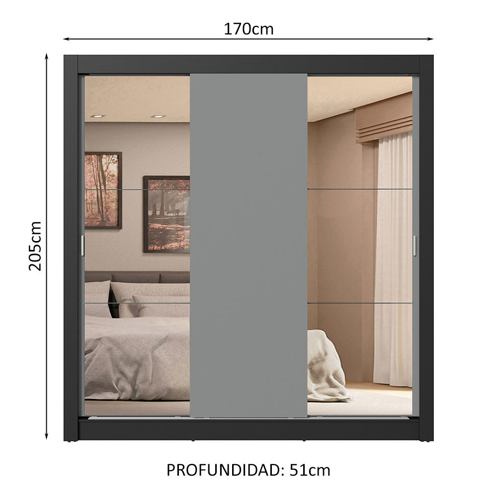 Clóset Matrimonial 3 Puertas Corredizas con Espejo 4 Cajones Negro/Gris Sublime Plus