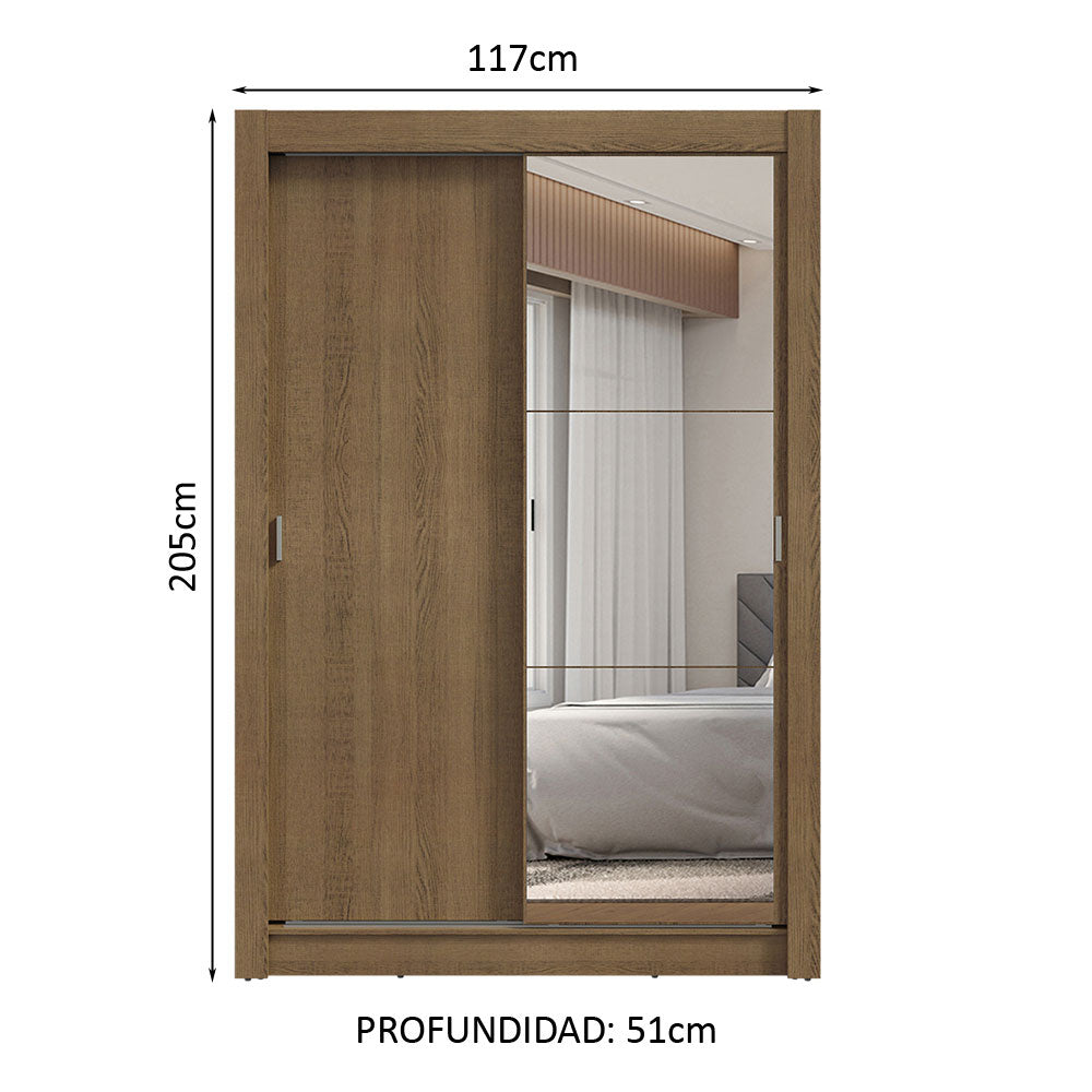 Clóset Soltero 2 Puertas Corredizas con Espejo 2 Cajones Marrón Vivare