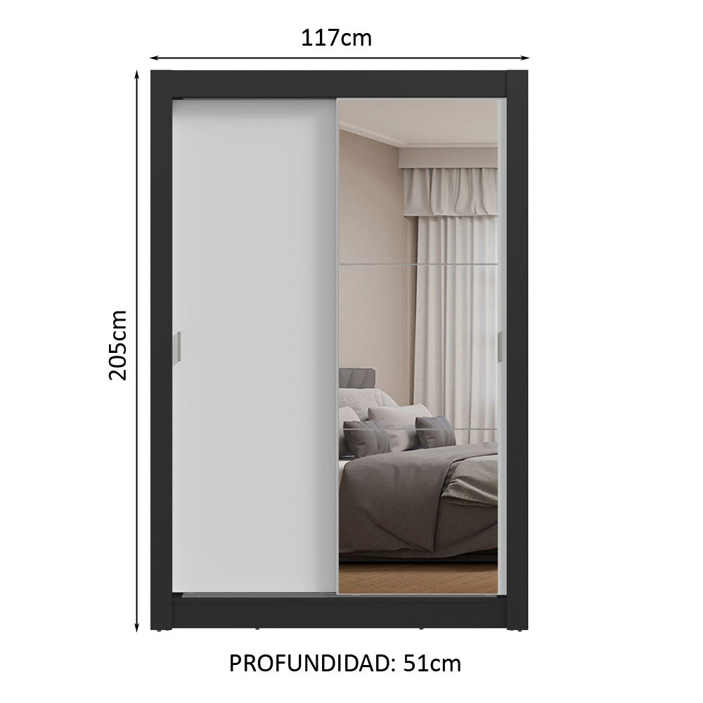 Clóset 2 Puertas Corredizas con Espejo Negro/Blanco Milano