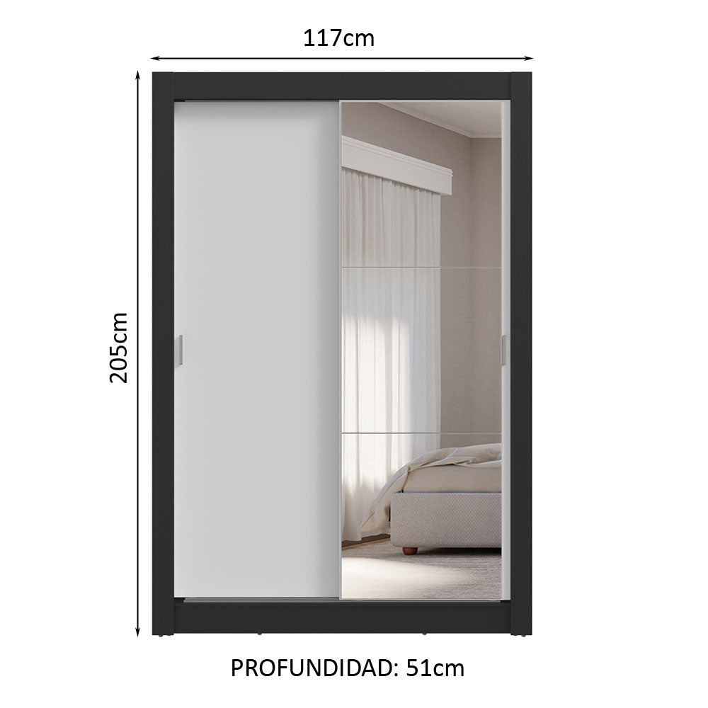 Clóset 2 Puertas Corredizas con Espejo 4 Cajones Negro/Blanco Vivare Plus