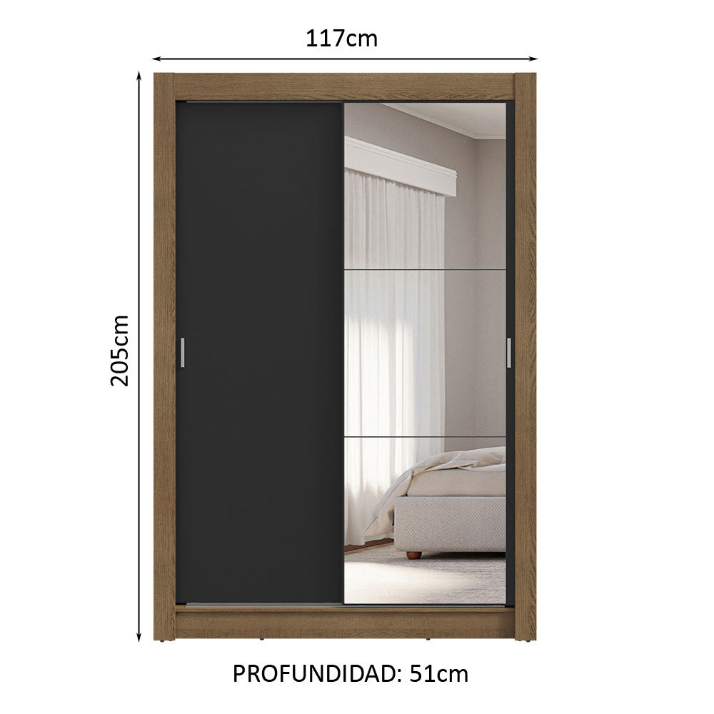 Clóset Soltero 2 Puertas Corredizas con Espejo 4 Cajones Marrón/Negro Vivare Plus