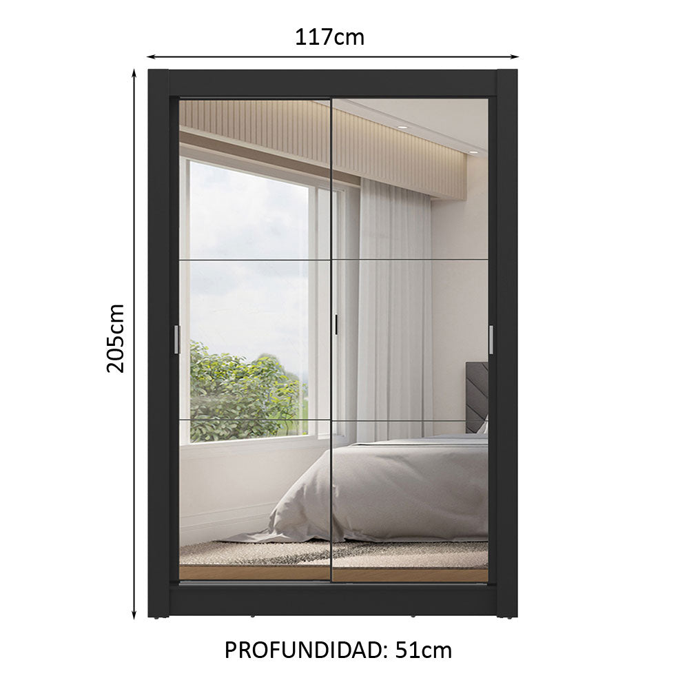 Clóset 2 Puertas Corredizas con Espejos 2 Cajones Negro Vivare