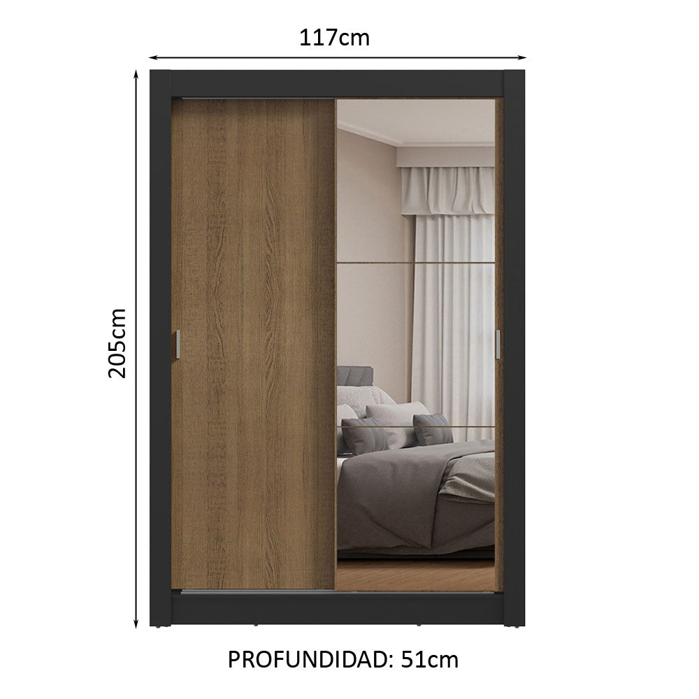 Clóset Soltero 2 Puertas Corredizas con Espejo Negro/Marrón Milano