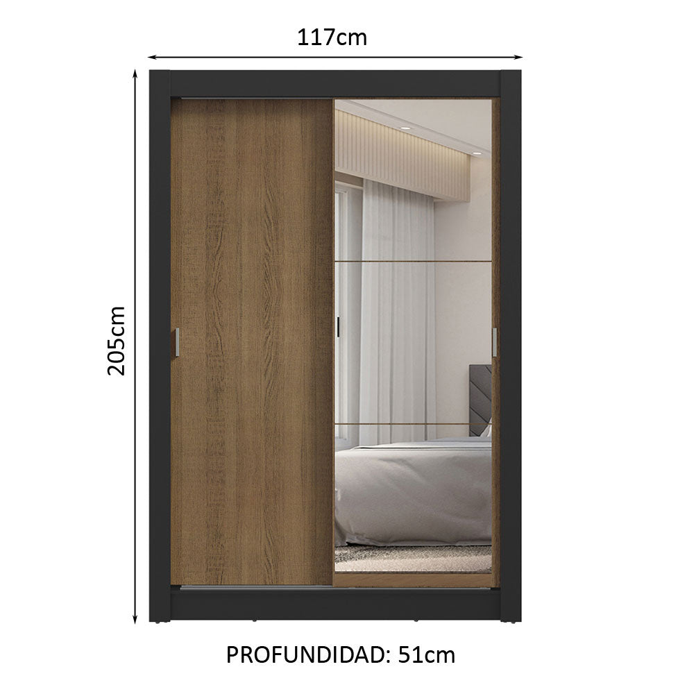 Clóset Soltero 2 Puertas Corredizas con Espejo 2 Cajones Negro/Marrón Vivare