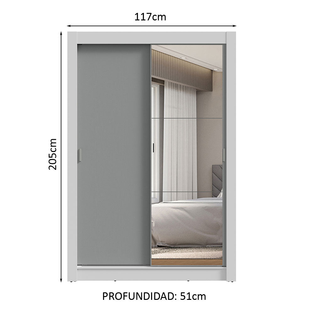 Clóset Soltero 2 Puertas Corredizas con Espejo 2 Cajones Blanco/Gris Vivare