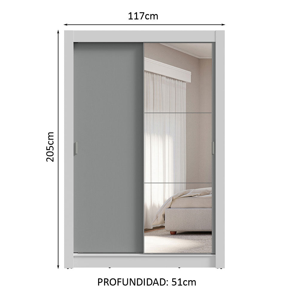 Clóset Soltero 2 Puertas Corredizas con Espejo 4 Cajones Blanco/Gris Vivare Plus