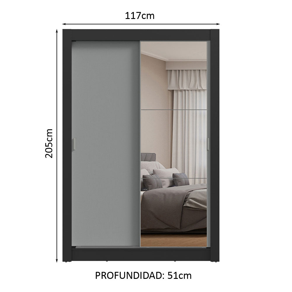 Clóset Soltero 2 Puertas Corredizas con Espejo Negro/Gris Milano
