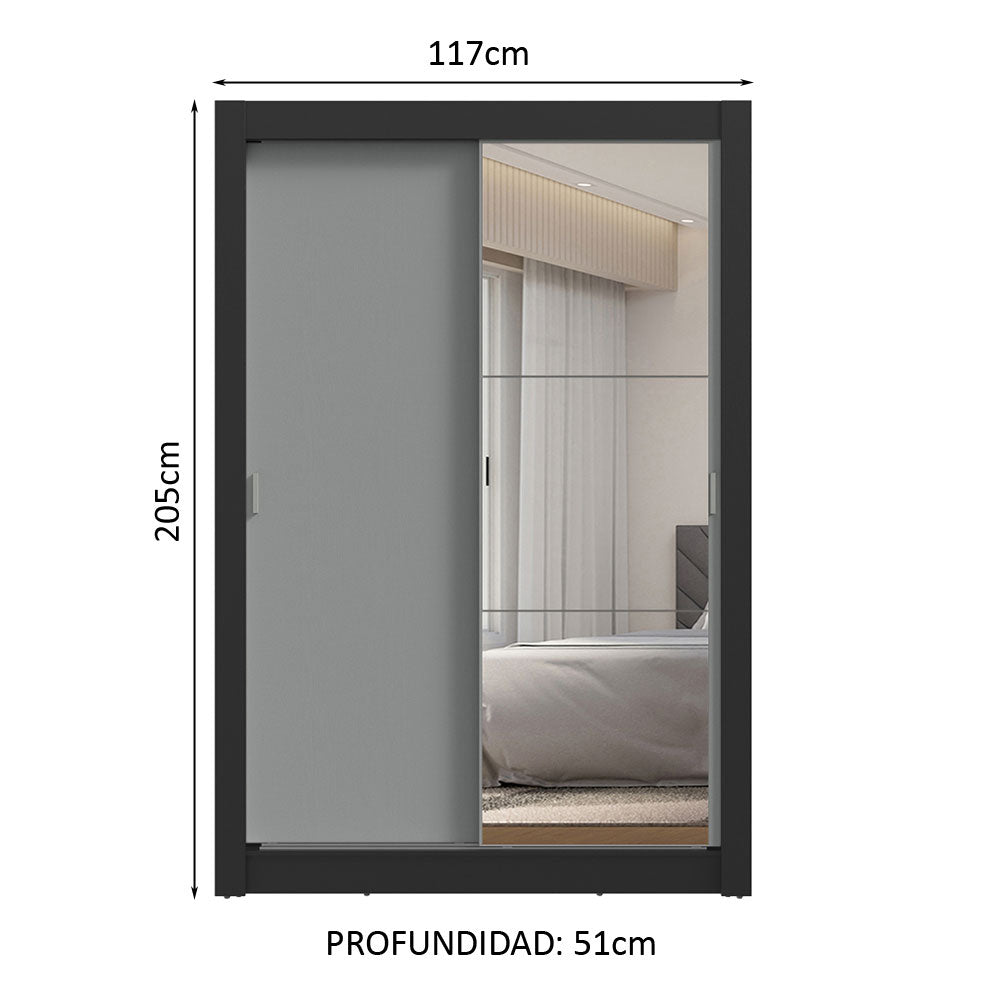 Clóset Soltero 2 Puertas Corredizas con Espejo 2 Cajones Negro/Gris Vivare