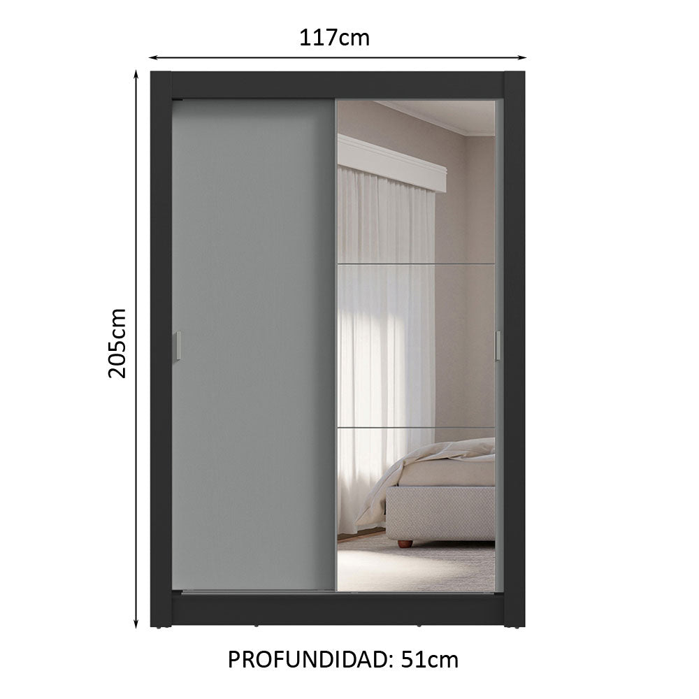 Clóset Soltero 2 Puertas Corredizas con Espejo 4 Cajones Negro/Gris Vivare Plus