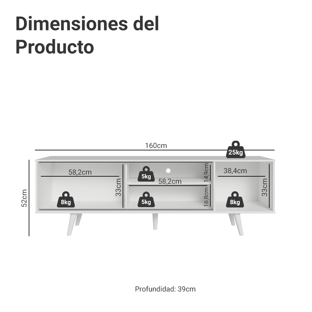 Mueble Madesa Dubai para TV hasta 65 Pulgadas con Patas Blanco