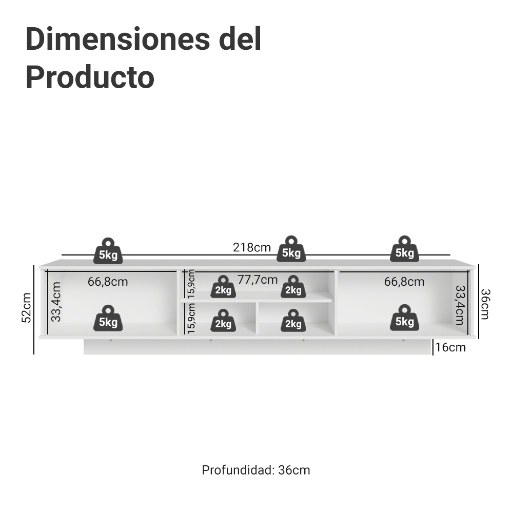 Mueble para TV Suspendido hasta 80 Pulgadas 218 cm 2 Puertas Blanco/Negro Glamy Madesa