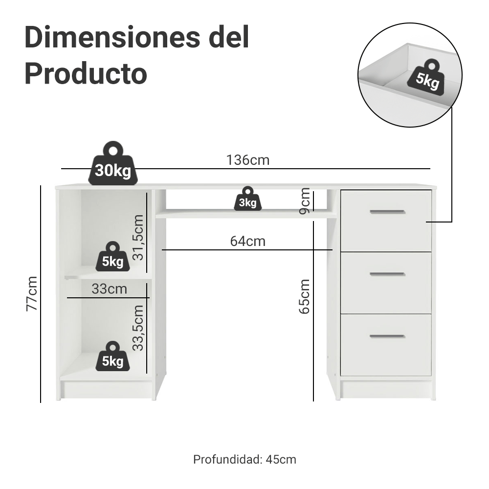 Escritorio para PC 3 Cajones 1 Puerta Blanco Alaska