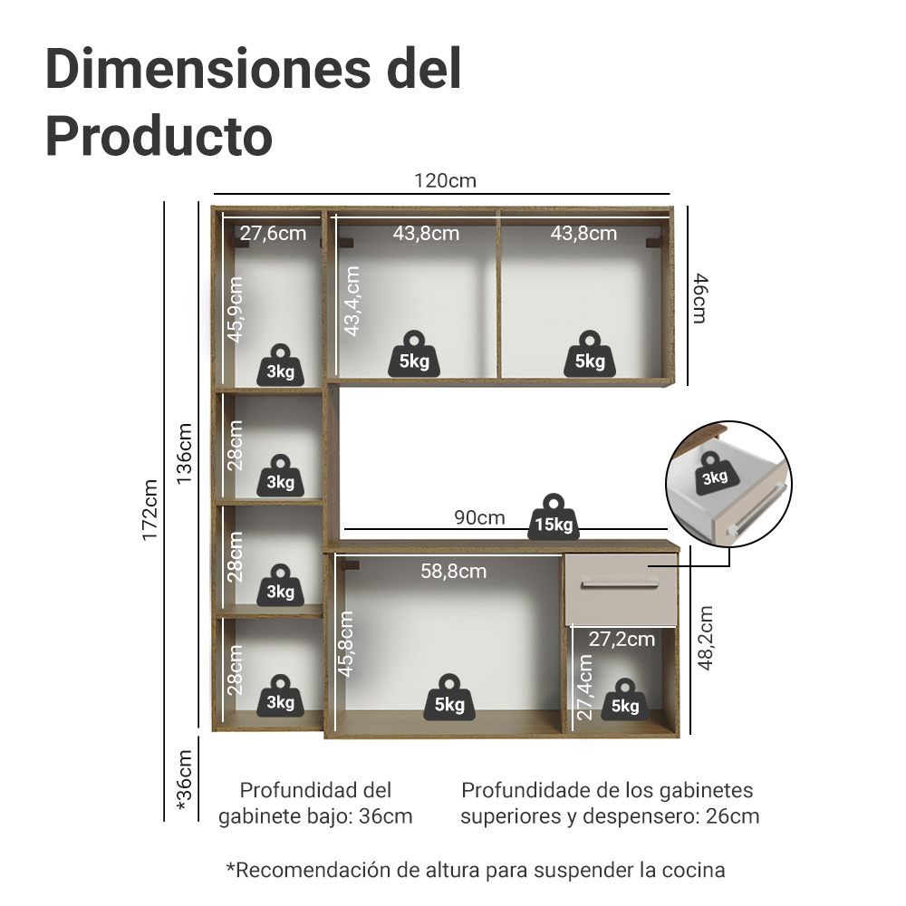Cocina Compacta 120cm Marron/Crema Easy