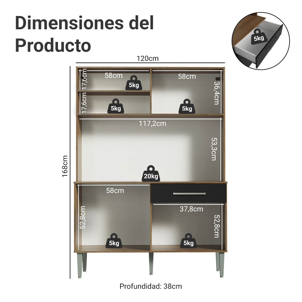 Cocina Compacta 120cm Marron/Negro Life