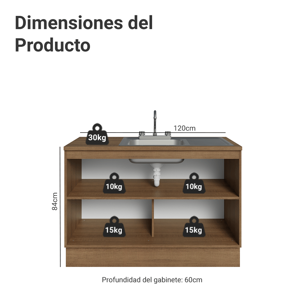 Gabinete Bajo para Fregadero con Accesorios de Cocina 120 x 60 cm 2 Puertas (Con Encimera) Glamy Marrón/Negro