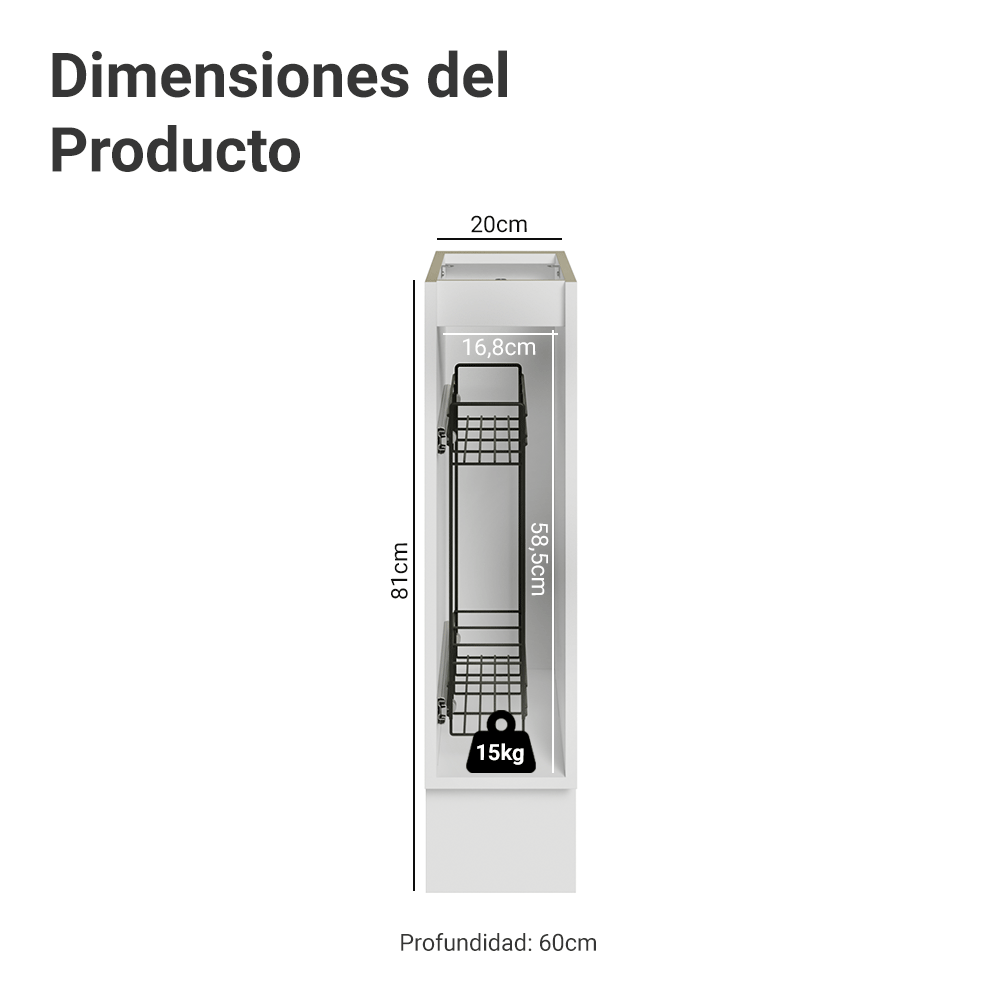 Gabinete Bajo Especiero 20x60 cm 1 Puerta (Sin encimera) Blanco/Verde Vik Madesa