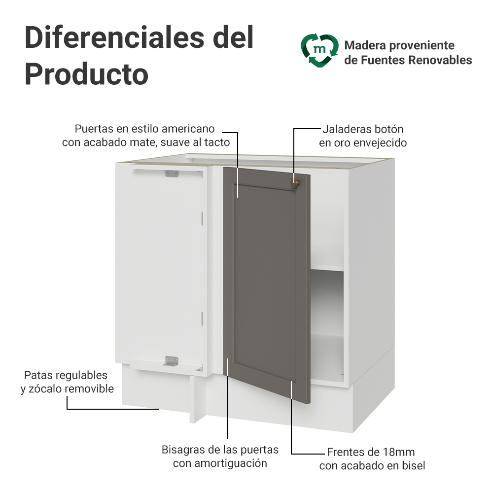 Gabinete Bajo Esquinero para Línea de 60 cm Profundidad (Sin encimera) Blanco/Gris Vik Madesa