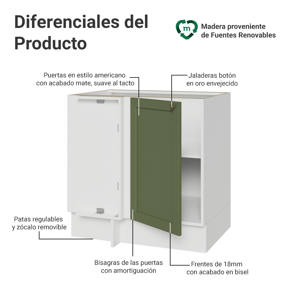 Gabinete Bajo Esquinero para Línea de 60 cm Profundidad (Sin encimera) Blanco/Verde Vik Madesa