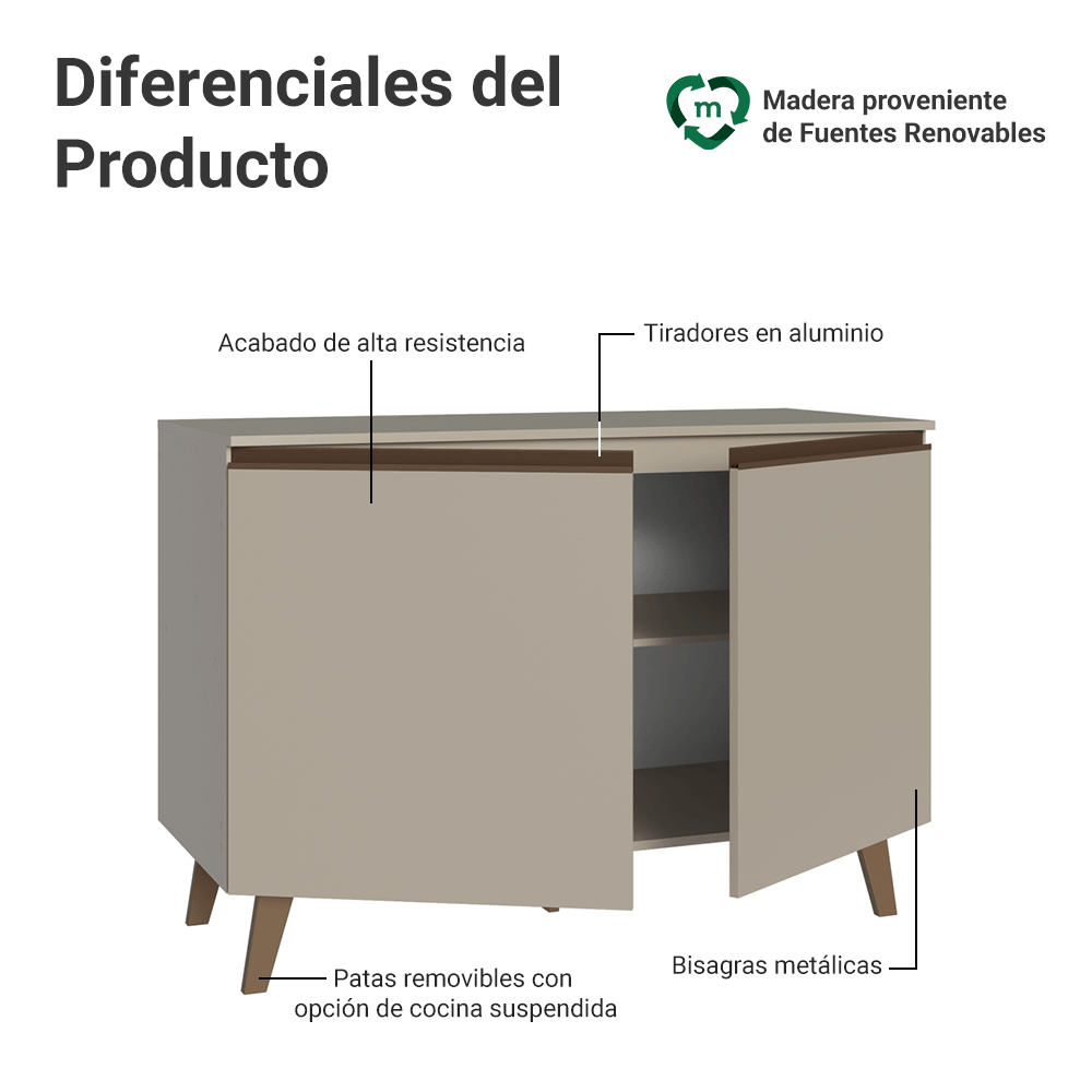 Gabinete Bajo de Cocina 120 cm 2 Puertas Con Patas Crema Nice Madesa