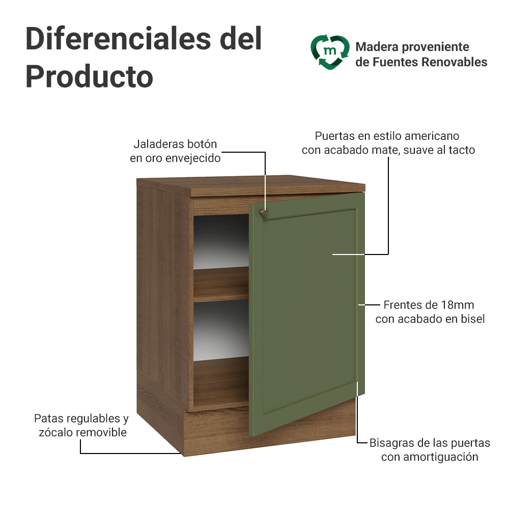Gabinete Bajo de Cocina 60 cm 1 Puerta Marrón/Verde Vik Madesa