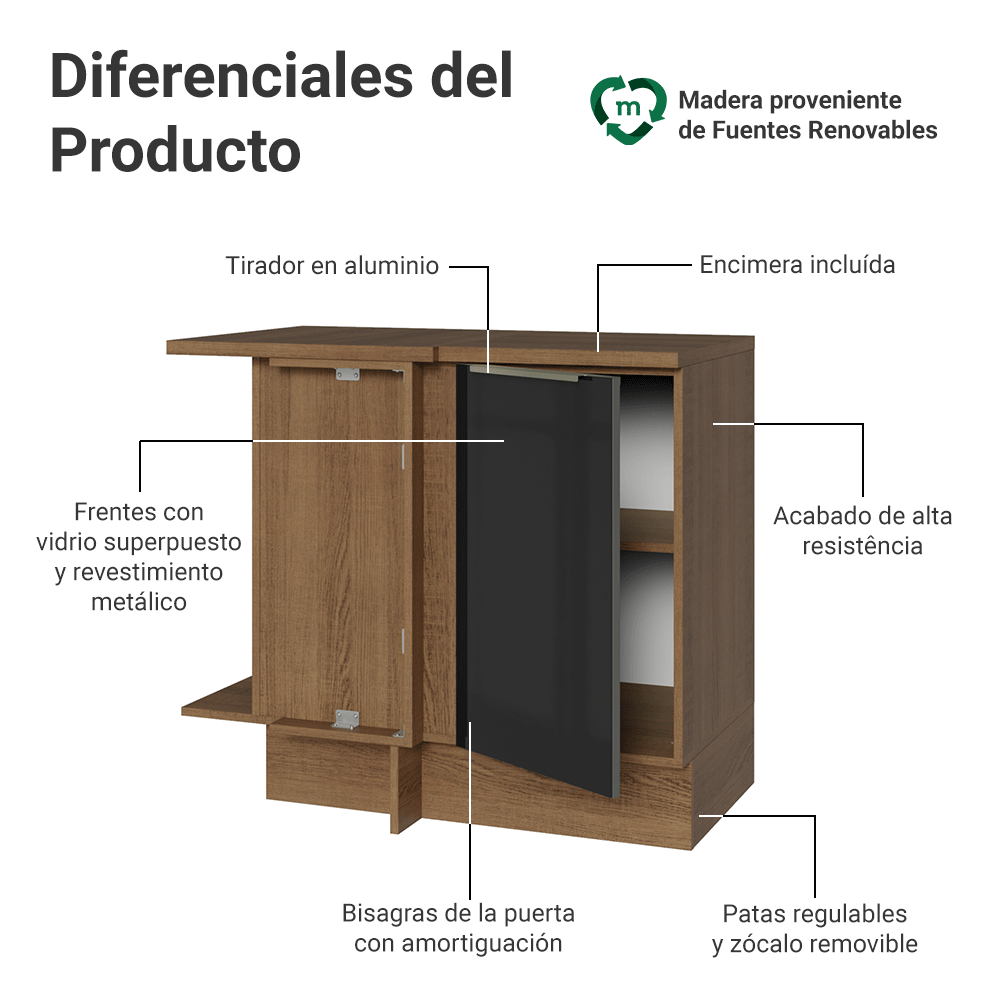 Gabinete Bajo de Esquina 1 Puerta Marrón/Negro Lux Madesa