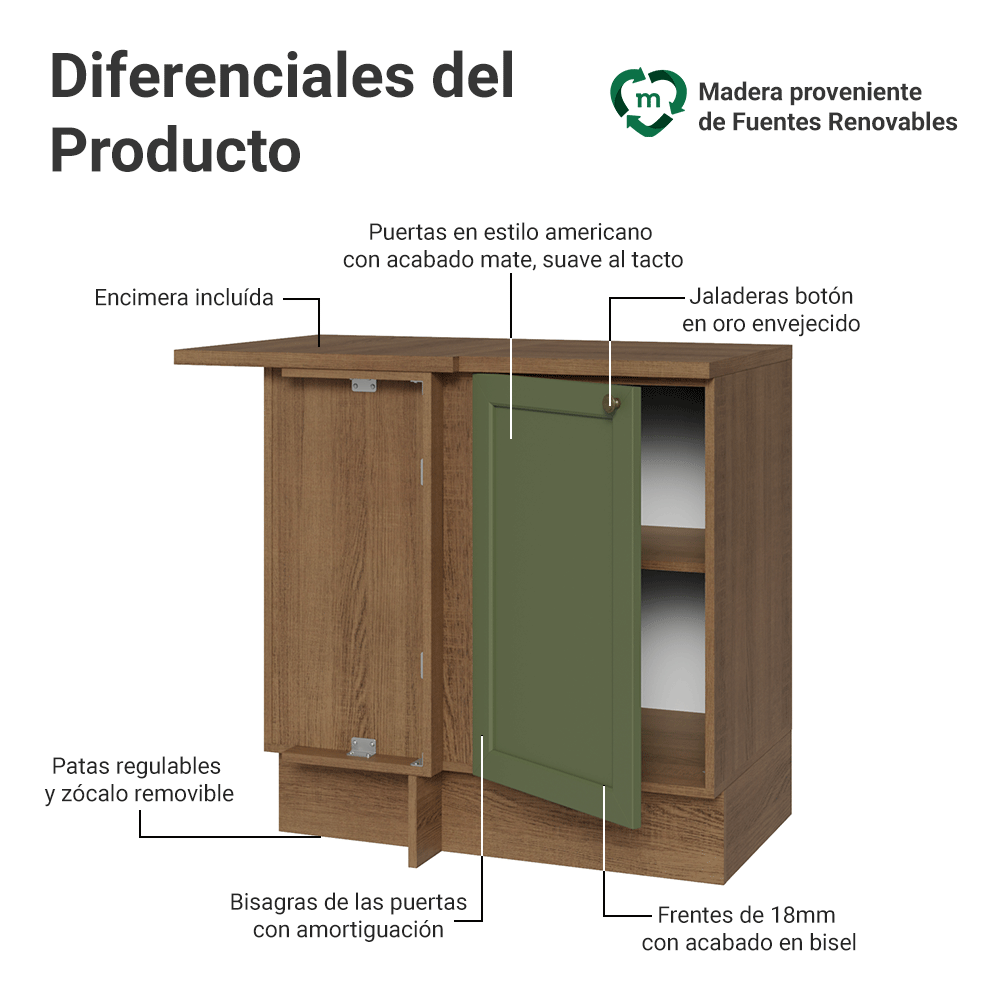Gabinete Bajo Esquinero 1 Puerta Marrón/Verde Vik Madesa