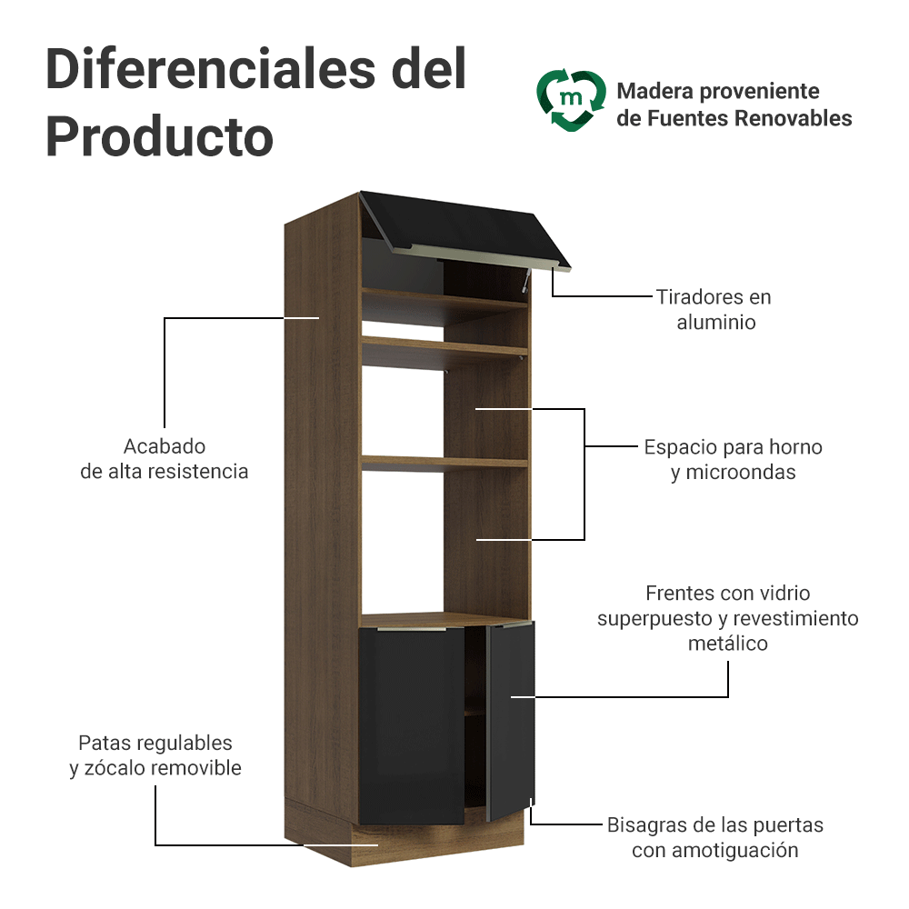 Mueble para Horno 70 cm 3 Puertas Marrón/Negro Lux Madesa