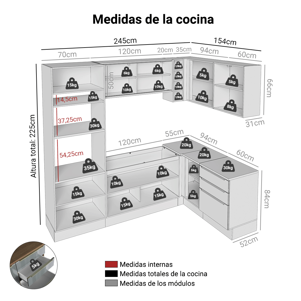 Cocina Integral Esquinera 399 cm Marrón/Gris Lux Madesa 01