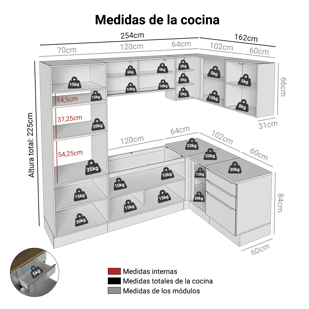 Cocina Integrale Esquinera 416 x 60 cm Marrón/Gris Lux Madesa 01