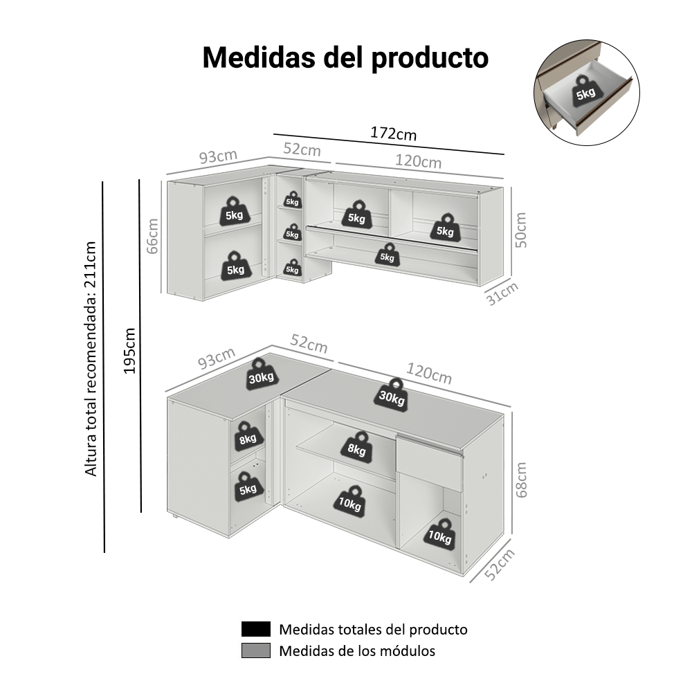 Cocina Integral Esquinera 265 cm sin Patas Crema Nice 04