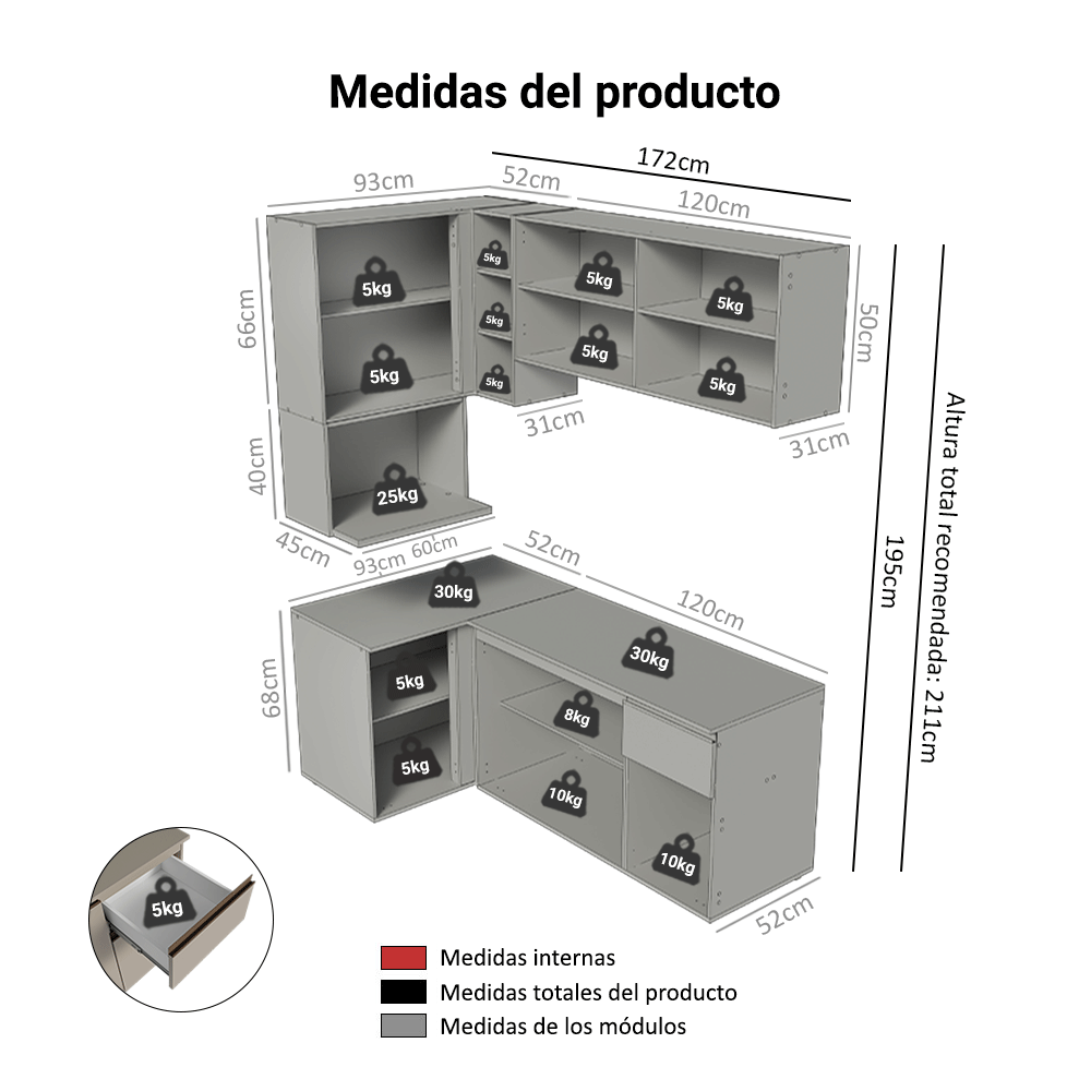 Cocina Integral Esquinera 265 cm sin Patas Crema Nice 06