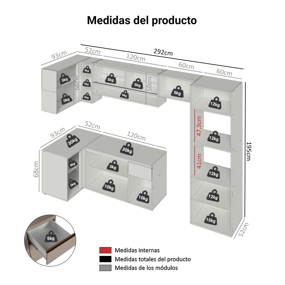 Cocina Integrale Esquinera Suspendida 385 cm Crema Nice Madesa 01