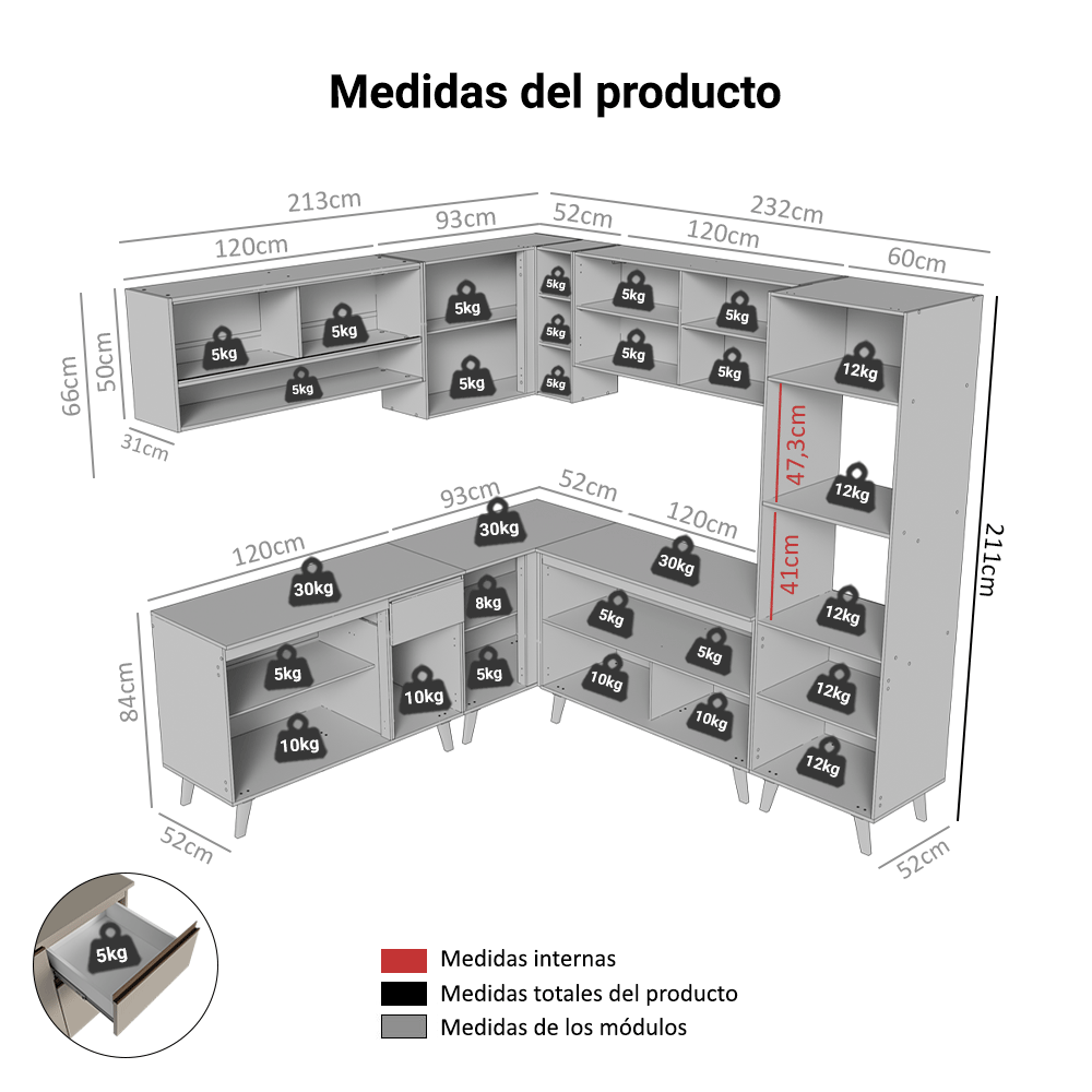 Cocina Integral Esquinera 445cm Crema Nice Madesa 01