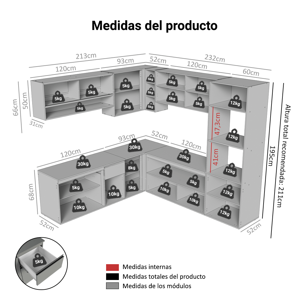 Cocina Integral Esquinera 445cm Suspendida Gris Nice Madesa 03