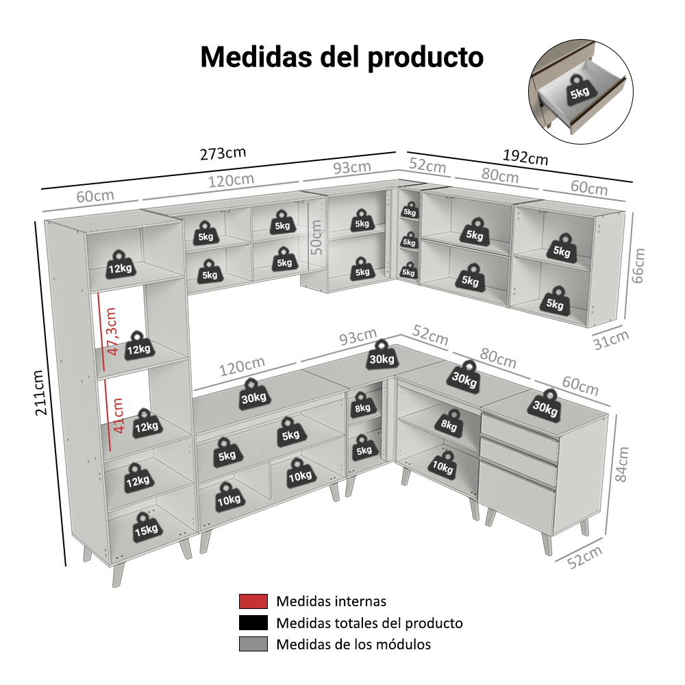 Cocina Integrale Esquinera 465 cm Crema Nice Madesa 01
