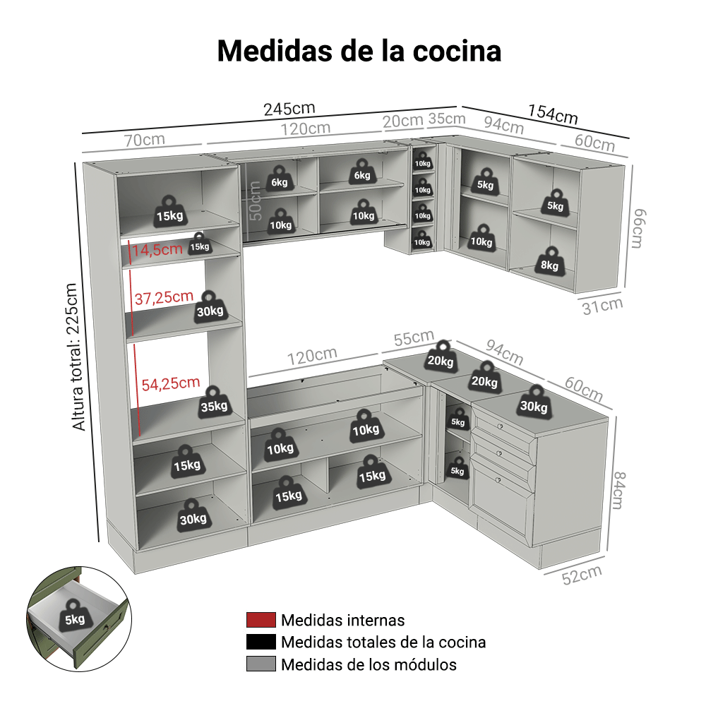Cocina Integral Esquinera 399 cm Marrón/Verde Vik Madesa 02