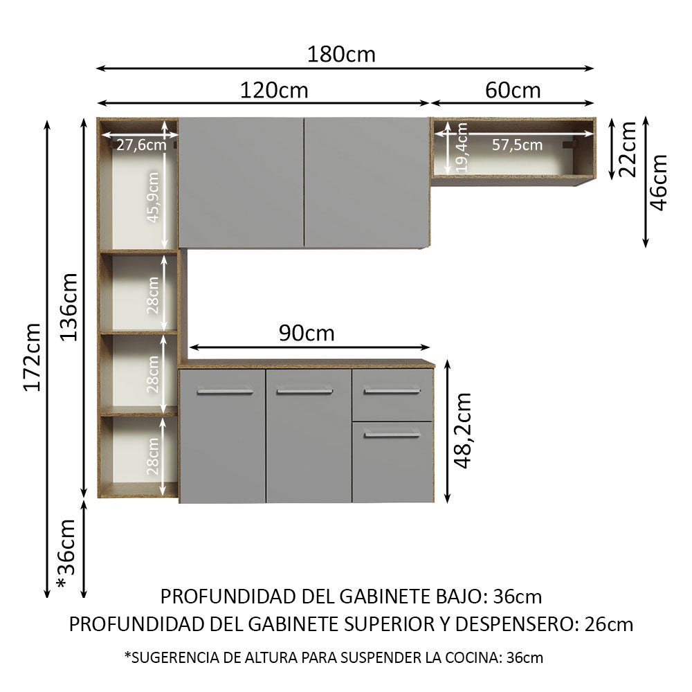 Cocina Integral 180cm Marrón/Gris Easy