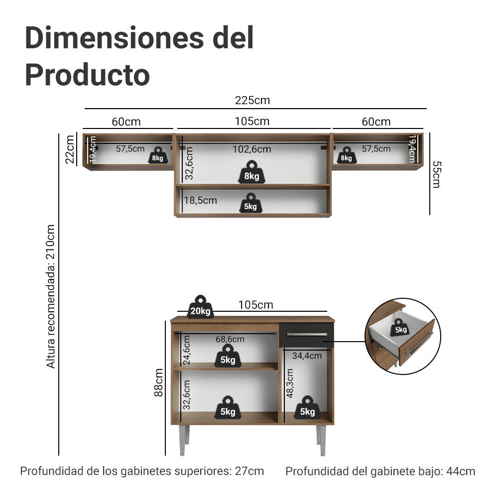 Cocina Integral 225cm Marrón/Negro Emilly Madesa 01