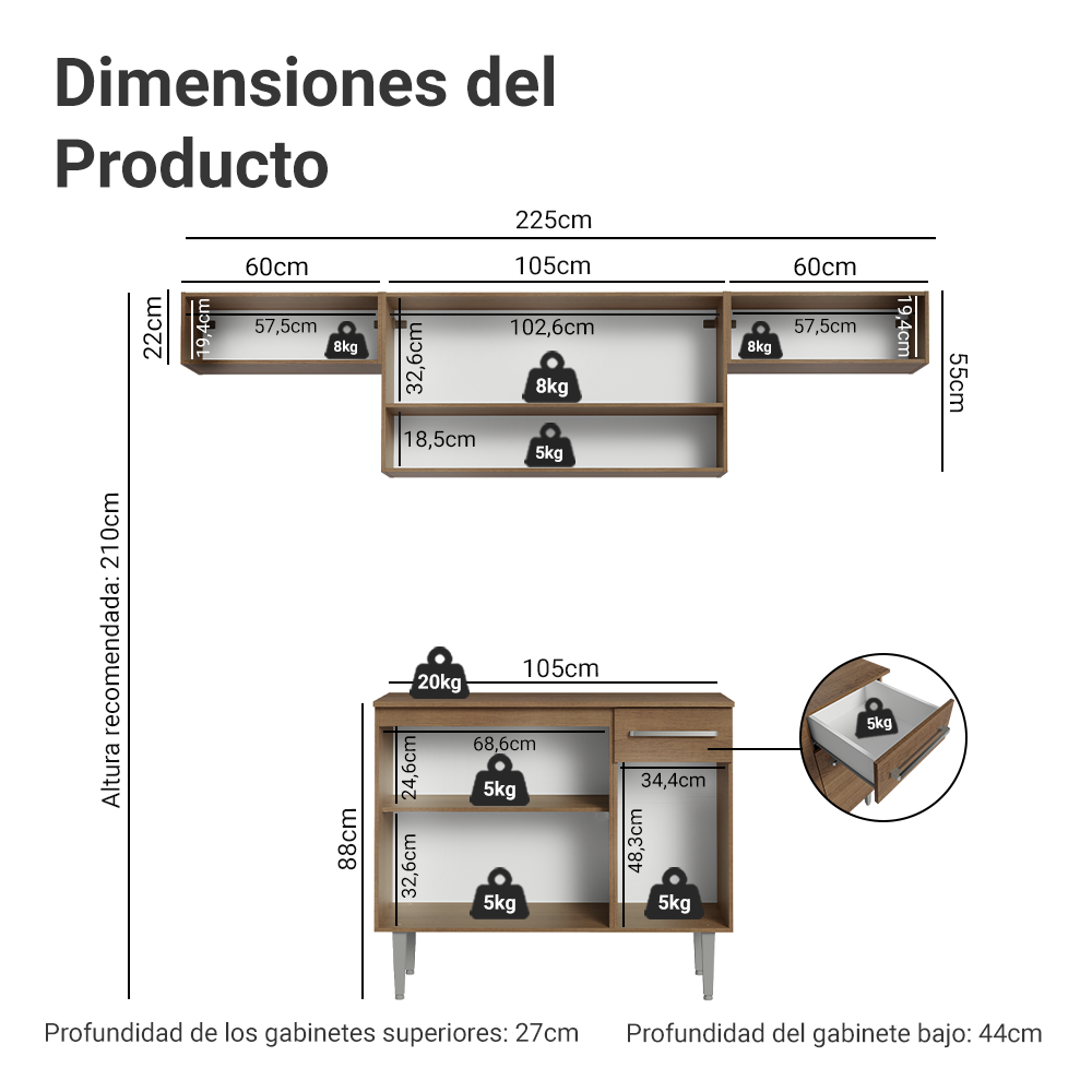 Cocina Integral 225cm Marrón/Gris Emilly Madesa 01