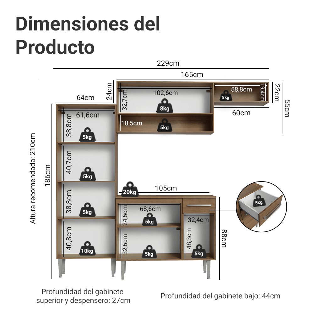 Cocina Integral 229cm Marrón/Gris Emilly Madesa 18