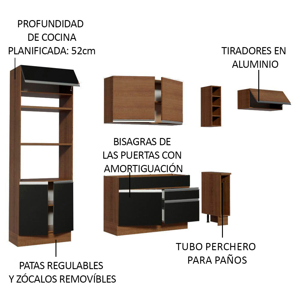 Kit Cocina Lineal- Glamy 290 cm - Marrón- Negro / Marrón
