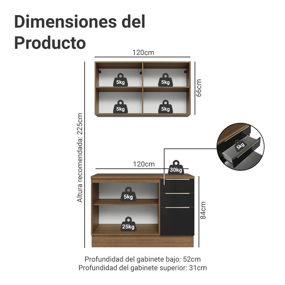 Cocina Integral 120 cm Marrón/Negro Lux Madesa 01